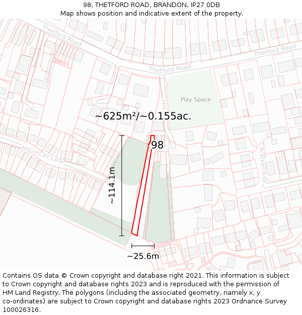 98, THETFORD ROAD, BRANDON, IP27 0DB: Plot and title map