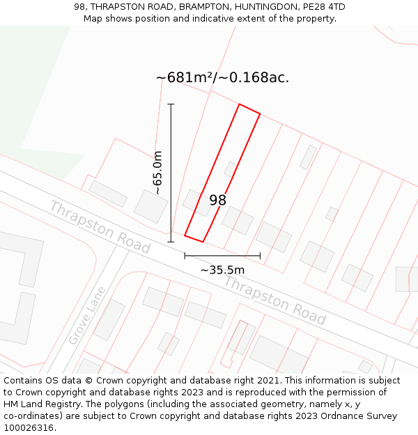 98, THRAPSTON ROAD, BRAMPTON, HUNTINGDON, PE28 4TD: Plot and title map