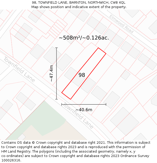 98, TOWNFIELD LANE, BARNTON, NORTHWICH, CW8 4QL: Plot and title map