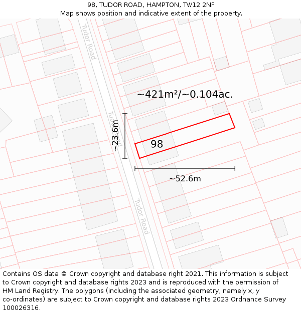 98, TUDOR ROAD, HAMPTON, TW12 2NF: Plot and title map