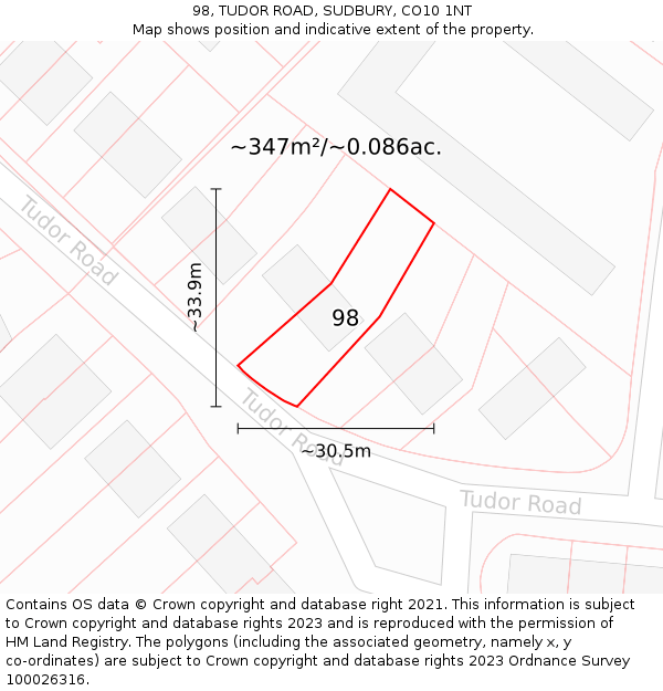 98, TUDOR ROAD, SUDBURY, CO10 1NT: Plot and title map