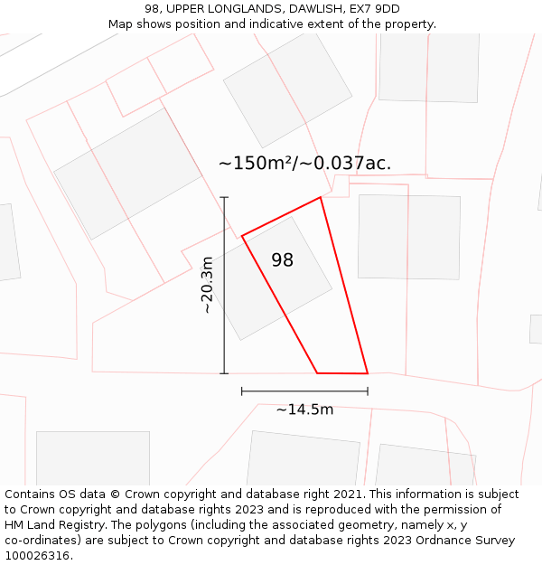 98, UPPER LONGLANDS, DAWLISH, EX7 9DD: Plot and title map