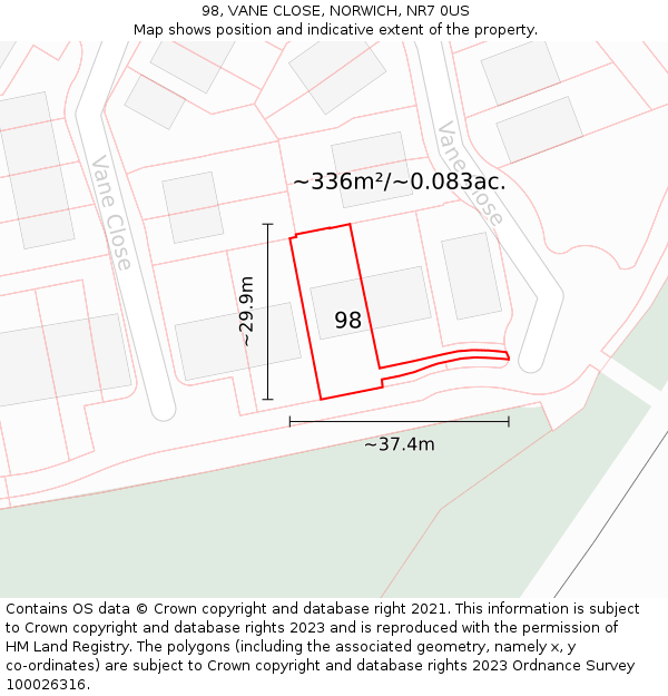 98, VANE CLOSE, NORWICH, NR7 0US: Plot and title map