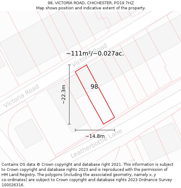 98, VICTORIA ROAD, CHICHESTER, PO19 7HZ: Plot and title map