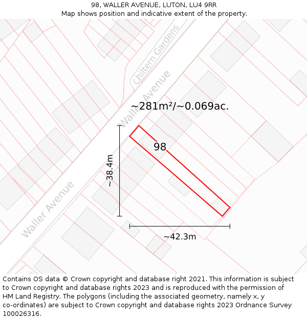 98, WALLER AVENUE, LUTON, LU4 9RR: Plot and title map