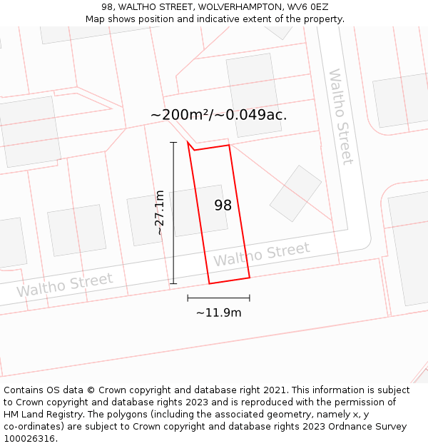 98, WALTHO STREET, WOLVERHAMPTON, WV6 0EZ: Plot and title map