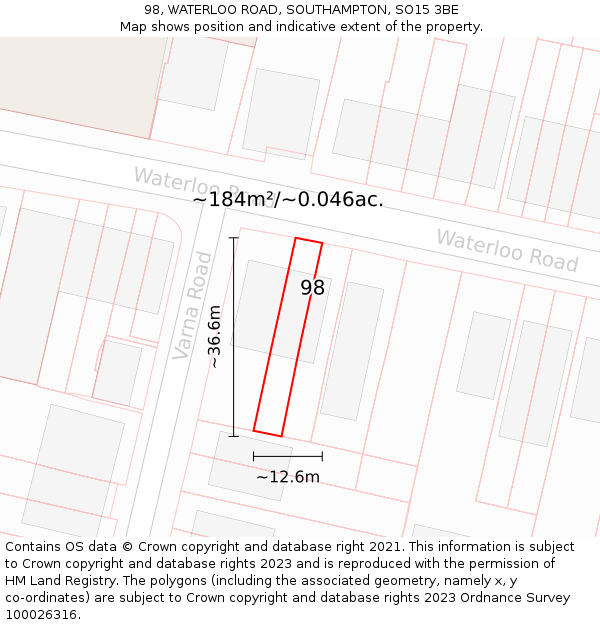 98, WATERLOO ROAD, SOUTHAMPTON, SO15 3BE: Plot and title map