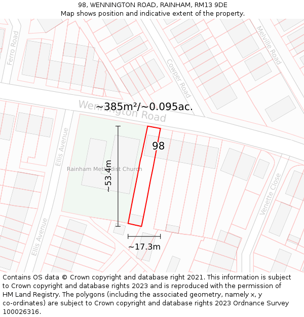 98, WENNINGTON ROAD, RAINHAM, RM13 9DE: Plot and title map