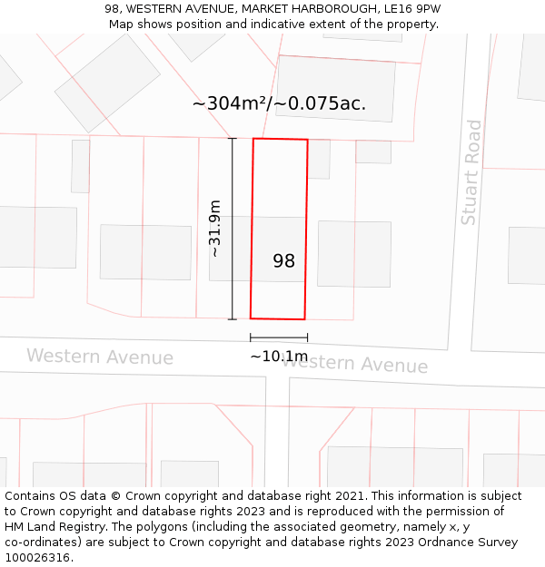 98, WESTERN AVENUE, MARKET HARBOROUGH, LE16 9PW: Plot and title map