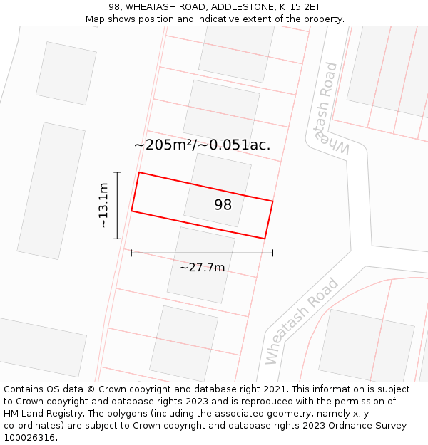 98, WHEATASH ROAD, ADDLESTONE, KT15 2ET: Plot and title map