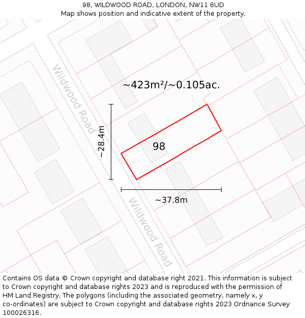 98, WILDWOOD ROAD, LONDON, NW11 6UD: Plot and title map