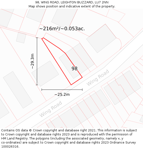 98, WING ROAD, LEIGHTON BUZZARD, LU7 2NN: Plot and title map