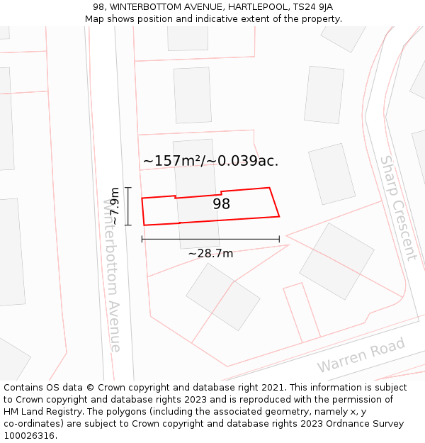 98, WINTERBOTTOM AVENUE, HARTLEPOOL, TS24 9JA: Plot and title map