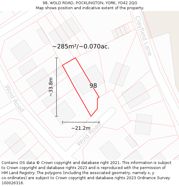 98, WOLD ROAD, POCKLINGTON, YORK, YO42 2QG: Plot and title map