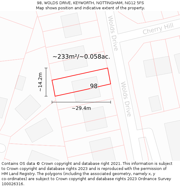 98, WOLDS DRIVE, KEYWORTH, NOTTINGHAM, NG12 5FS: Plot and title map