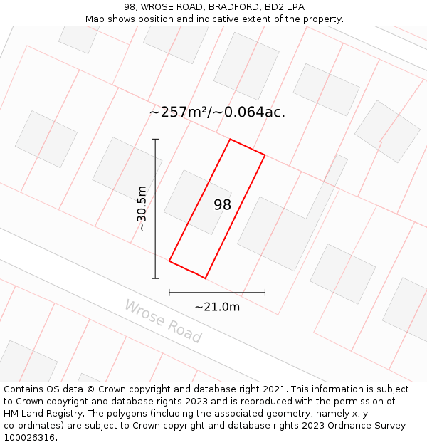 98, WROSE ROAD, BRADFORD, BD2 1PA: Plot and title map