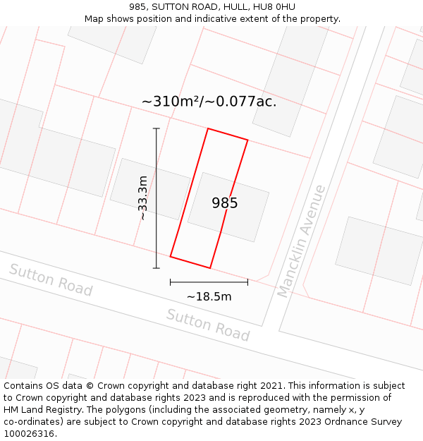 985, SUTTON ROAD, HULL, HU8 0HU: Plot and title map