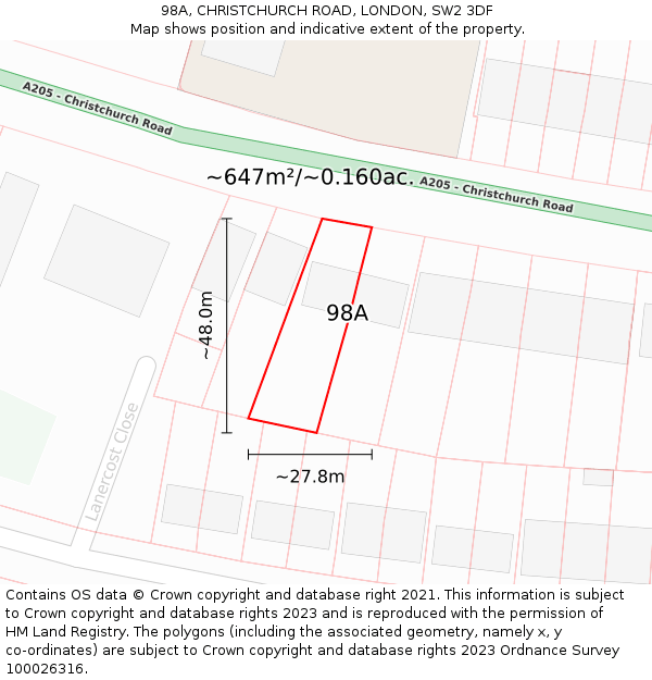 98A, CHRISTCHURCH ROAD, LONDON, SW2 3DF: Plot and title map
