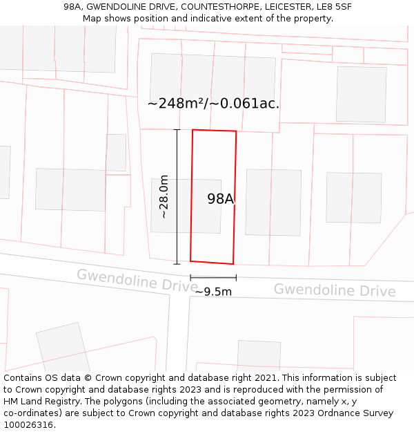 98A, GWENDOLINE DRIVE, COUNTESTHORPE, LEICESTER, LE8 5SF: Plot and title map
