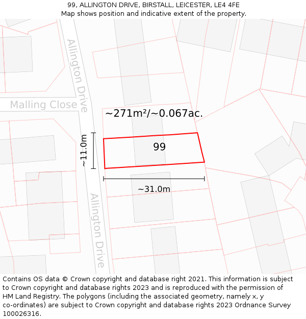 99, ALLINGTON DRIVE, BIRSTALL, LEICESTER, LE4 4FE: Plot and title map