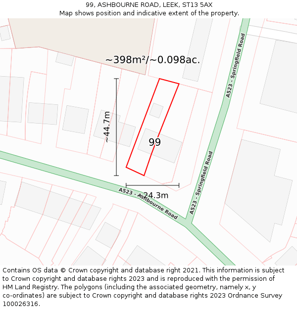 99, ASHBOURNE ROAD, LEEK, ST13 5AX: Plot and title map