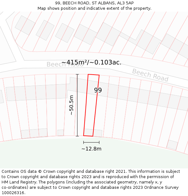 99, BEECH ROAD, ST ALBANS, AL3 5AP: Plot and title map
