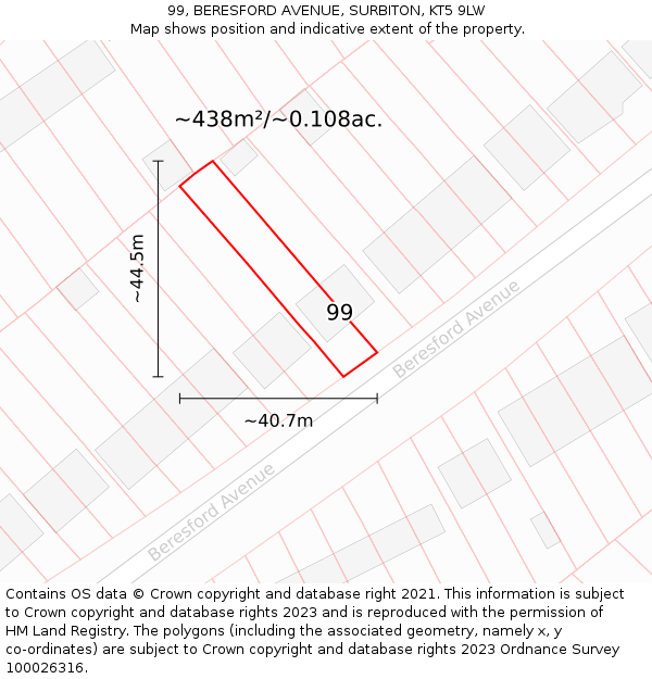 99, BERESFORD AVENUE, SURBITON, KT5 9LW: Plot and title map