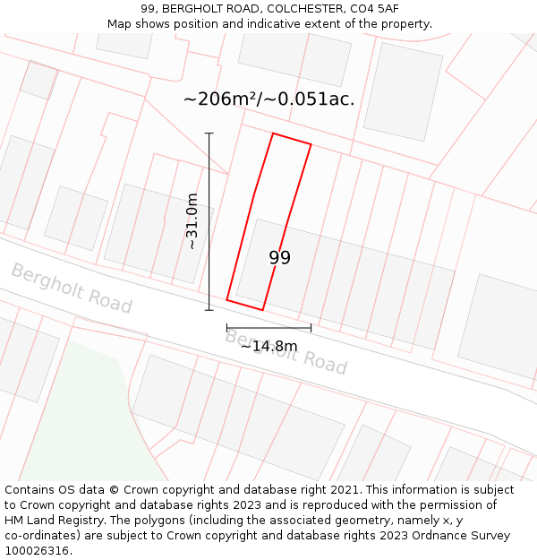 99, BERGHOLT ROAD, COLCHESTER, CO4 5AF: Plot and title map