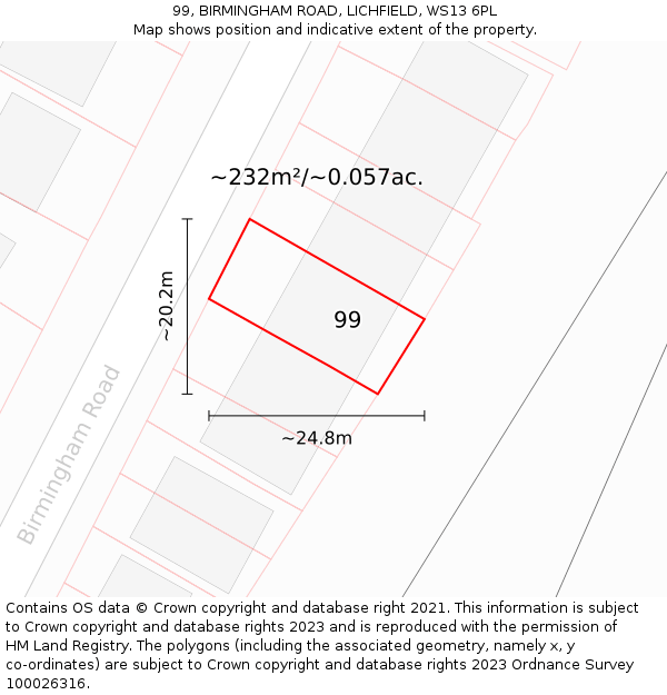 99, BIRMINGHAM ROAD, LICHFIELD, WS13 6PL: Plot and title map