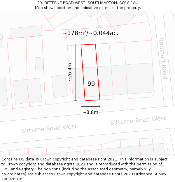 99, BITTERNE ROAD WEST, SOUTHAMPTON, SO18 1AU: Plot and title map
