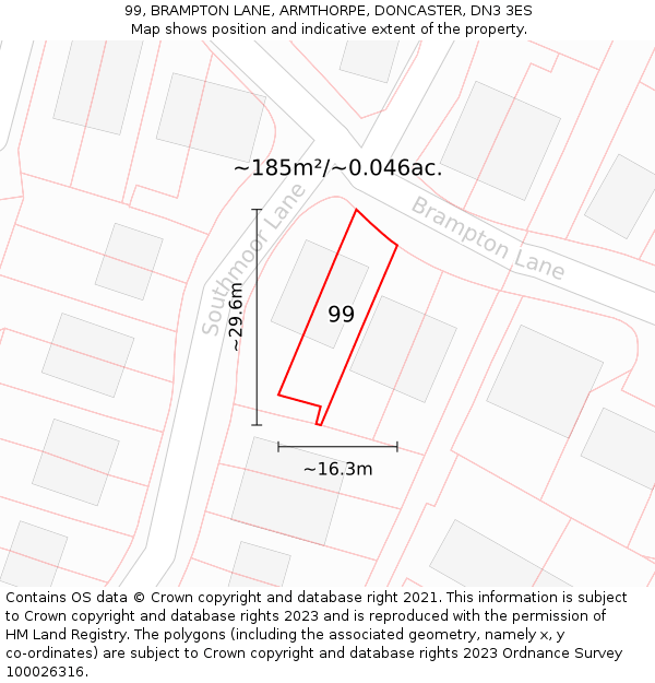 99, BRAMPTON LANE, ARMTHORPE, DONCASTER, DN3 3ES: Plot and title map