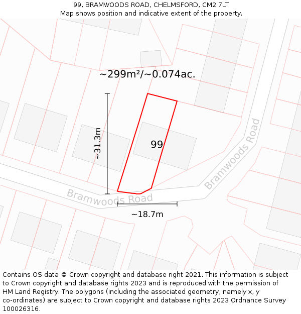 99, BRAMWOODS ROAD, CHELMSFORD, CM2 7LT: Plot and title map