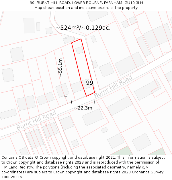 99, BURNT HILL ROAD, LOWER BOURNE, FARNHAM, GU10 3LH: Plot and title map
