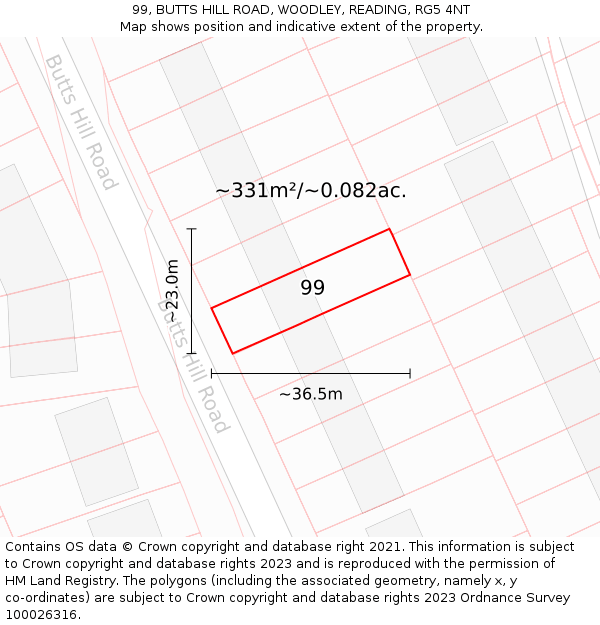 99, BUTTS HILL ROAD, WOODLEY, READING, RG5 4NT: Plot and title map