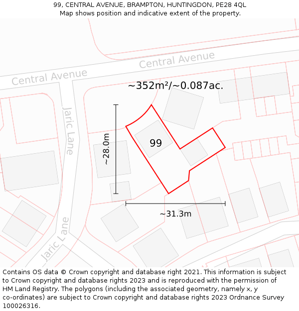 99, CENTRAL AVENUE, BRAMPTON, HUNTINGDON, PE28 4QL: Plot and title map
