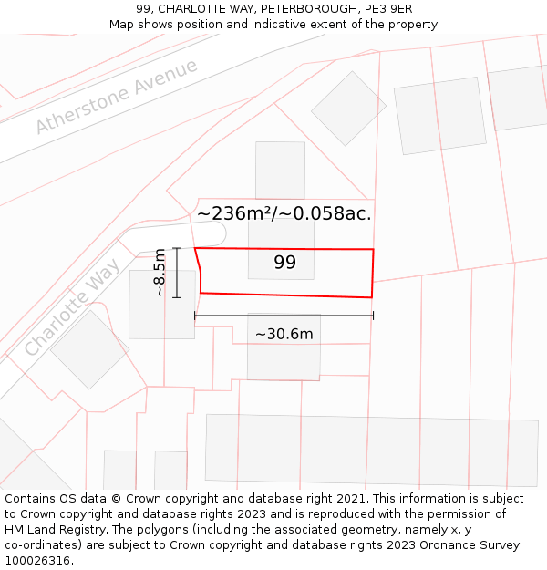 99, CHARLOTTE WAY, PETERBOROUGH, PE3 9ER: Plot and title map