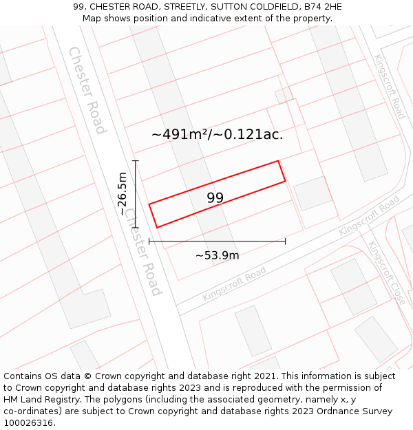 99, CHESTER ROAD, STREETLY, SUTTON COLDFIELD, B74 2HE: Plot and title map