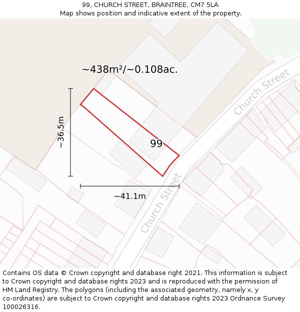 99, CHURCH STREET, BRAINTREE, CM7 5LA: Plot and title map
