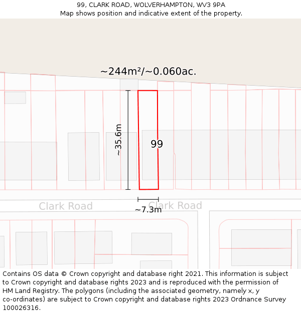 99, CLARK ROAD, WOLVERHAMPTON, WV3 9PA: Plot and title map