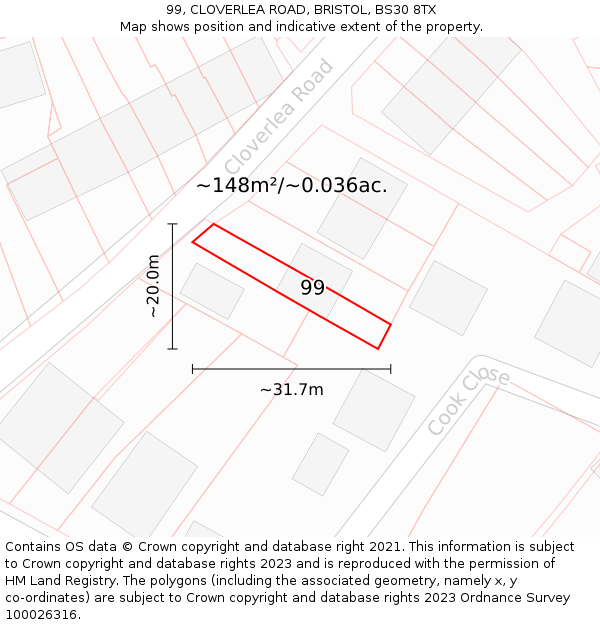 99, CLOVERLEA ROAD, BRISTOL, BS30 8TX: Plot and title map