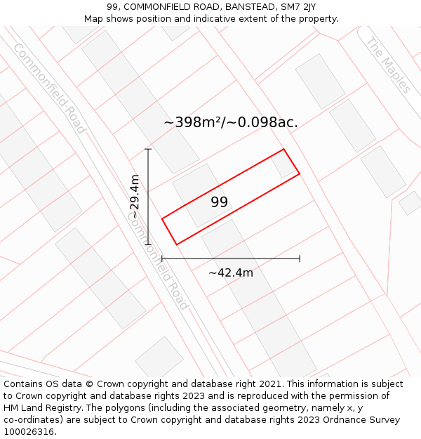 99, COMMONFIELD ROAD, BANSTEAD, SM7 2JY: Plot and title map