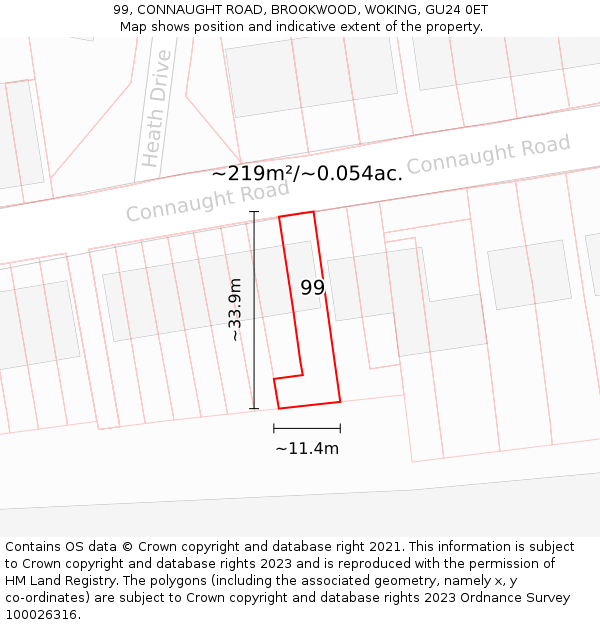 99, CONNAUGHT ROAD, BROOKWOOD, WOKING, GU24 0ET: Plot and title map