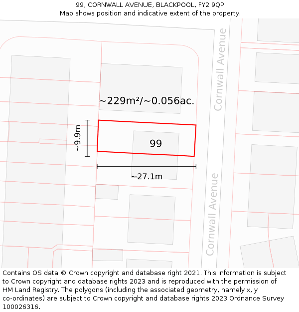 99, CORNWALL AVENUE, BLACKPOOL, FY2 9QP: Plot and title map