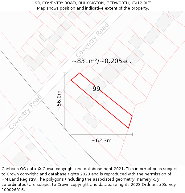99, COVENTRY ROAD, BULKINGTON, BEDWORTH, CV12 9LZ: Plot and title map