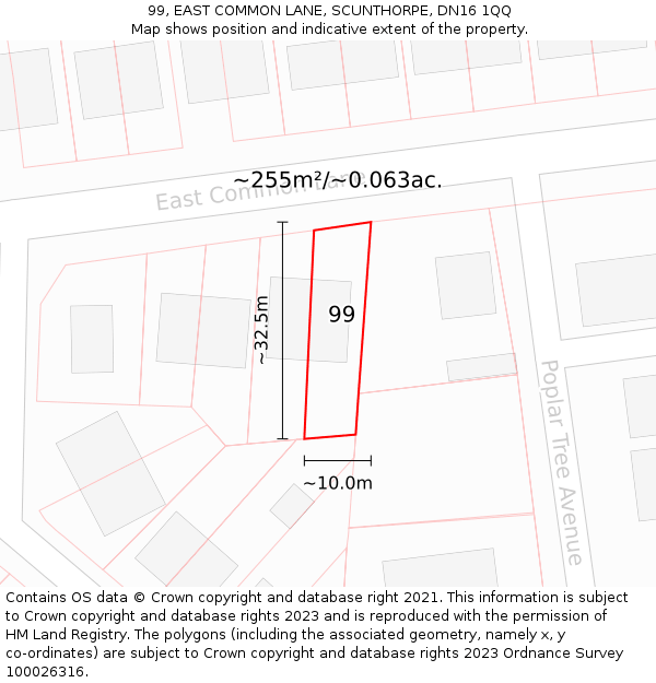 99, EAST COMMON LANE, SCUNTHORPE, DN16 1QQ: Plot and title map