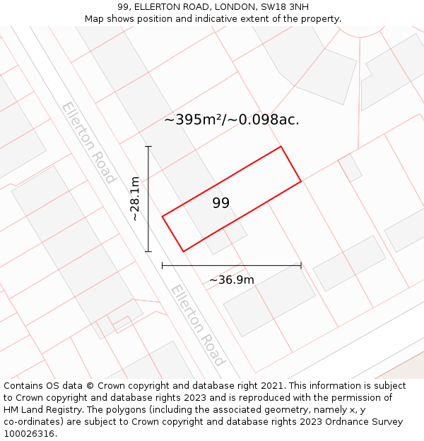 99, ELLERTON ROAD, LONDON, SW18 3NH: Plot and title map