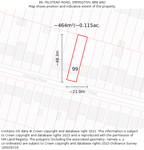 99, FELSTEAD ROAD, ORPINGTON, BR6 9AD: Plot and title map