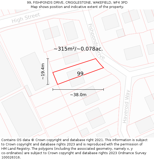 99, FISHPONDS DRIVE, CRIGGLESTONE, WAKEFIELD, WF4 3PD: Plot and title map