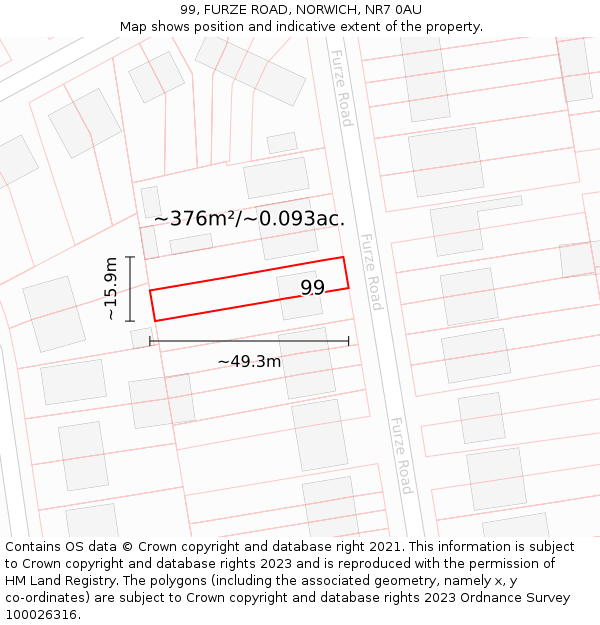 99, FURZE ROAD, NORWICH, NR7 0AU: Plot and title map
