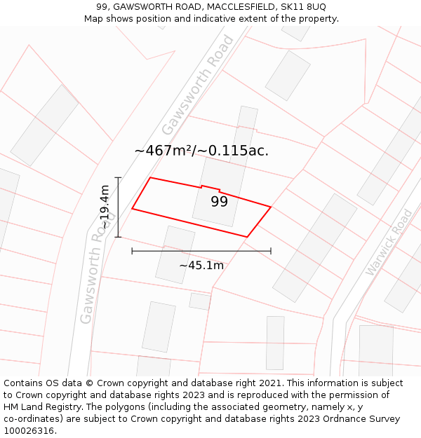 99, GAWSWORTH ROAD, MACCLESFIELD, SK11 8UQ: Plot and title map